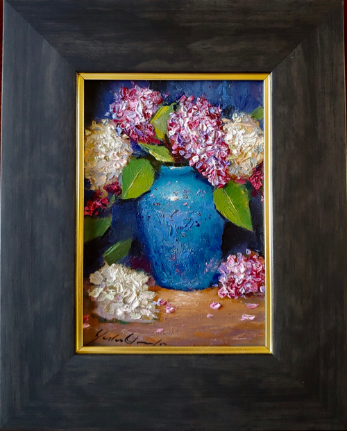 Lilacs in Blue Clay Jar 7x5 $195 at Hunter Wolff Gallery