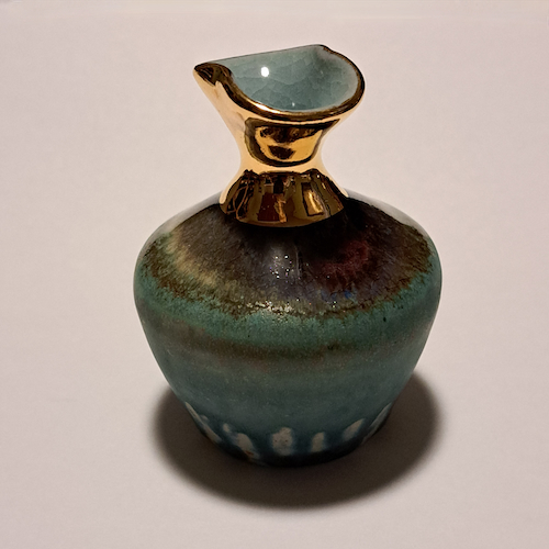 JP-001 Pottery Handmade Miniature Vase Teal & Gold $68 at Hunter Wolff Gallery