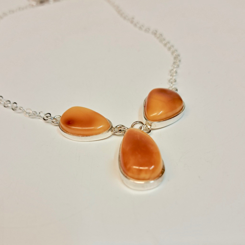 HWG-2307 Necklace Brown Amber, 3 Teardrop Shapes & Silver $135 at Hunter Wolff Gallery