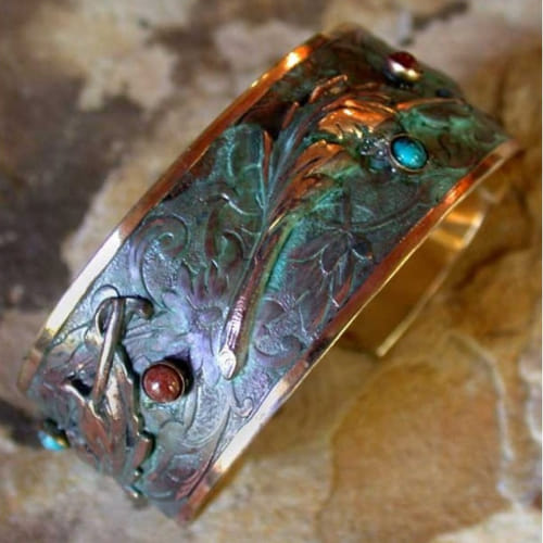 Click to view detail for EC-089 Cuff Daffodil Leaves Jasper & Turquoise $110