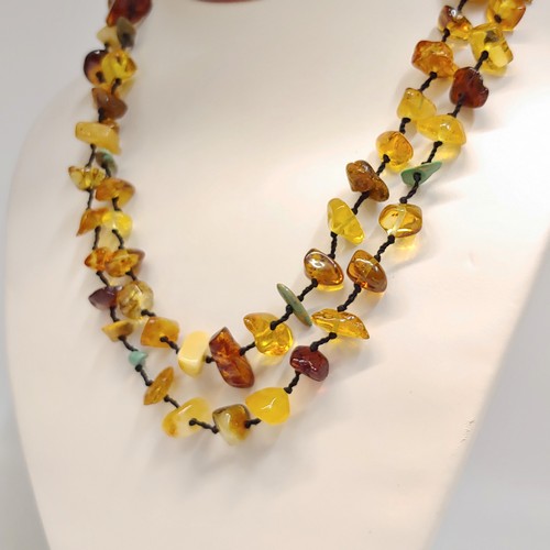 HWG-098 Necklace, Vintage Hand Knotted Multi-Color Amber & TQ $135 at Hunter Wolff Gallery