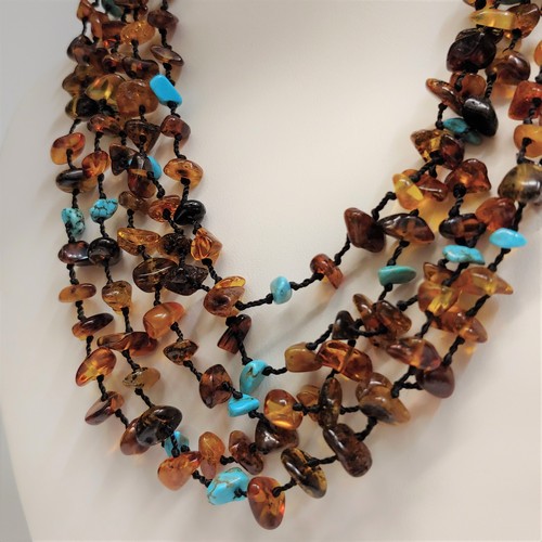 HWG-099  Necklace Vintage Hand Knotted Multi-Color Amber & TQ $260 at Hunter Wolff Gallery