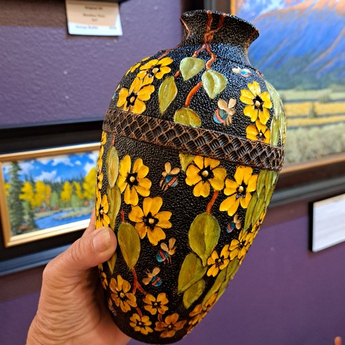 VL-014 Vase with Green Leaves, Yellow Flowers & Bees $900 at Hunter Wolff Gallery