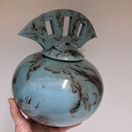 BS-063 Vessel, Lidded Pot - Blue Horsehair 7x8 $225 at Hunter Wolff Gallery