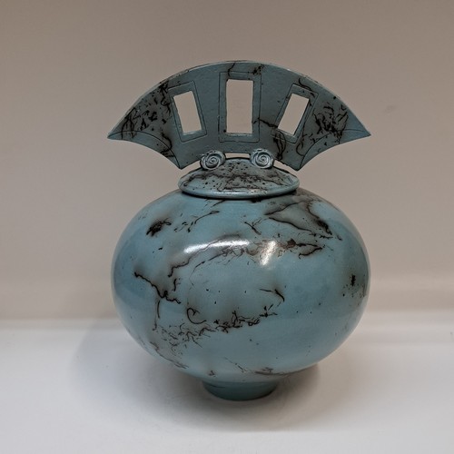 BS-063 Vessel, Lidded Pot - Blue Horsehair 7x8 $225 at Hunter Wolff Gallery
