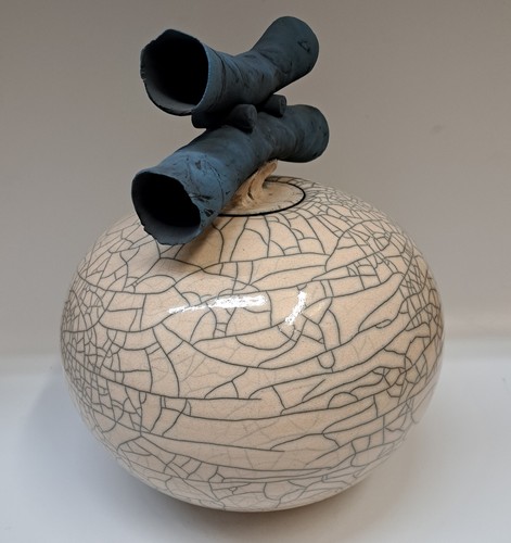 BS-064 Vessel - Lidded Pot - White Crackle Glaze 8.5x10 $395 at Hunter Wolff Gallery