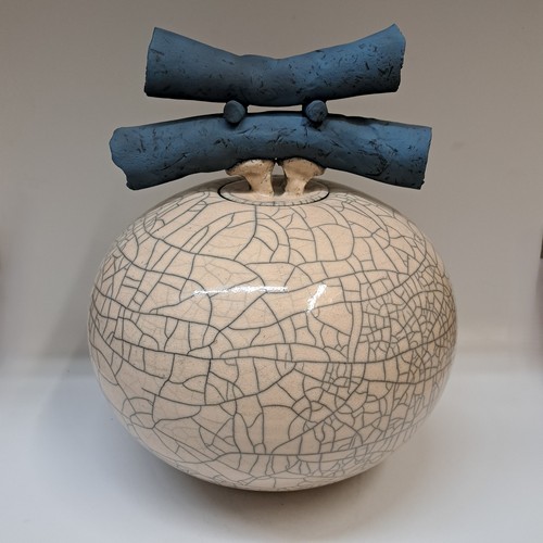 Click to view detail for BS-064 Vessel - Lidded Pot - White Crackle Glaze 8.5x10 $395