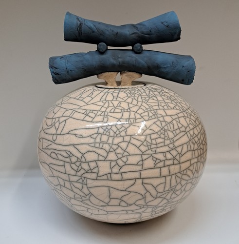BS-064 Vessel - Lidded Pot - White Crackle Glaze 8.5x10 $395 at Hunter Wolff Gallery