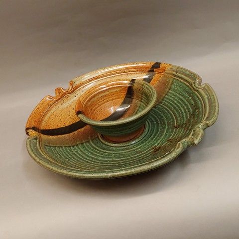 Chip & Dip, Round with Detachable Bowl Green & Tan at Hunter Wolff Gallery