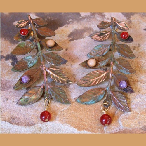 Click to view detail for EC-111 Earrings-Olive Patina Brass Large Bayberry Branch $113