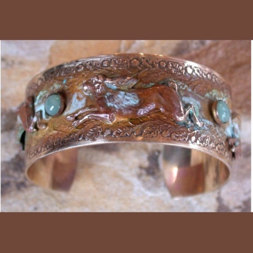 Click to view detail for EC-100 Cuff-Olive Patina Solid Brass Running Rabbit- Nephrite Jade $188