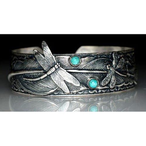 Click to view detail for EC-002 Cuff Bracelet Dragonflies on Feather Cuff - Turquoise $109