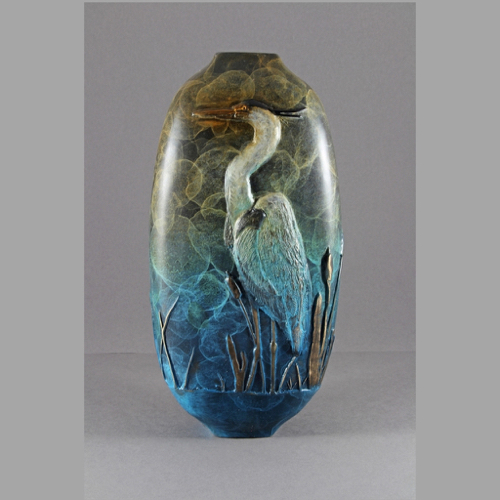 FL112 Bronze Vase Blue Heron 12x6x4 $1950 at Hunter Wolff Gallery