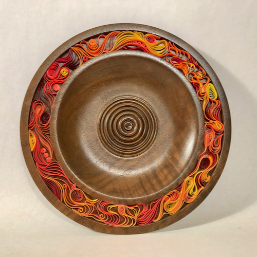 Click to view detail for MH099 Platter, Walnut, Quilling Orange, Red, Yellow $500