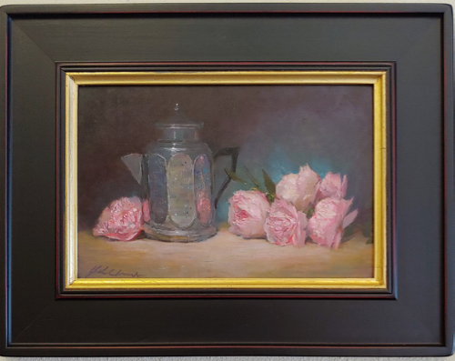 Click to view detail for Silver Kettle with Peonies 8x12 $475