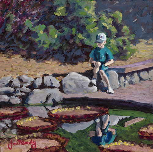 Watching Fish at Lily Pond 6x6 $395 at Hunter Wolff Gallery