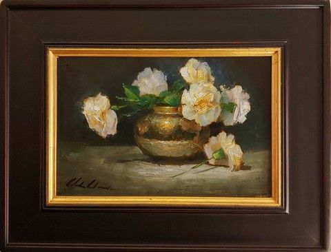 Click to view detail for White Carnations in Brass Vase  8x12   $450